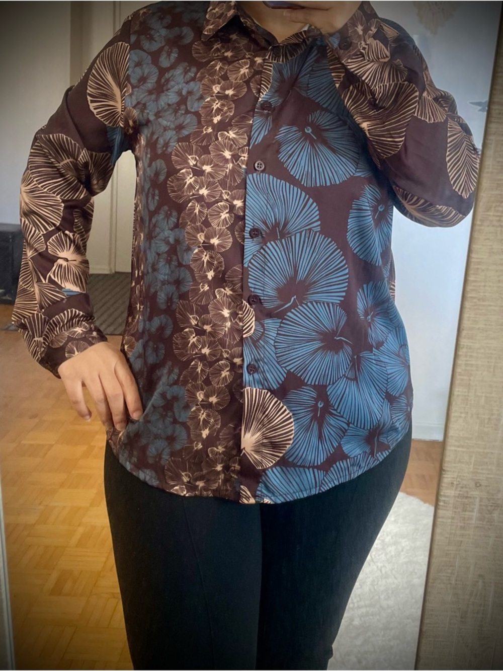 Avita Floral Panel Button-Down Shirt in Blue and Brown
